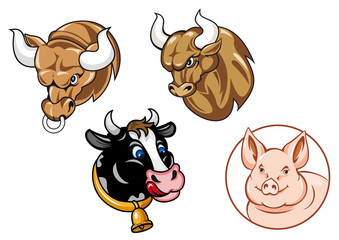 Cartoon heads of bulls, cow and pig