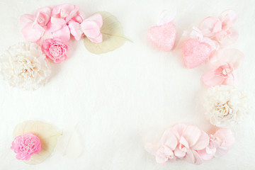 Pink potpourri Floral Border & Valentines Hearts Background with copy space. 