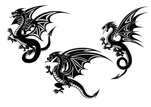 Black flying dragons tattoo design