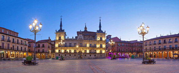 Evening panorama of Plaza Mayor in Leon, Spain