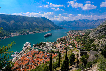 Fototapeta na wymiar Looking over the Bay of Kotor in Montenegro with view of mountai