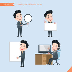 Set of drawing flat character style, business concept handsome office worker activities - banner, whiteboard, computing, telemarketing, introduction