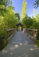 Small wooden covered bridge Oregon.