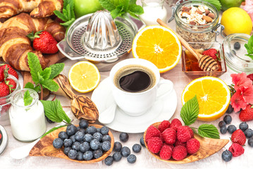 Breakfast coffee, croissants, muesli, honey, berries, fruits. He