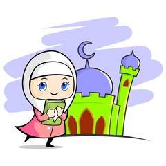 Moslem girl with mosque background - Illustration of smiling moslem girl that holding and hug a book in front of mosque.