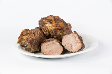 deli delicious meats and spices on plate on white background