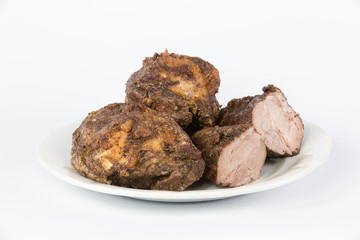 deli delicious meats and spices on white background