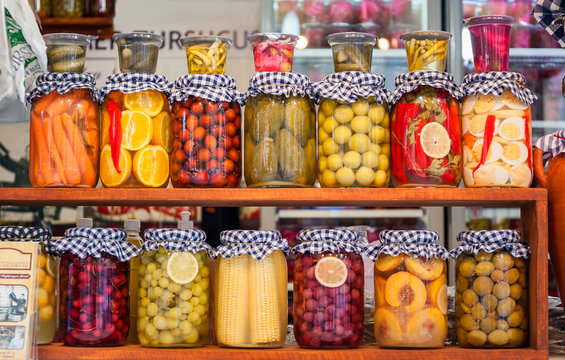 Pickled Vegetables In Mason Jars Ready For Winter