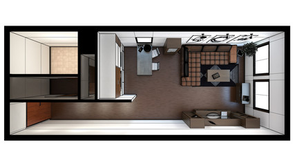 Fototapeta na wymiar 3D interior rendering of a small loft with textures