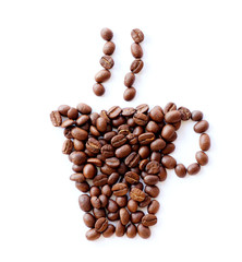 Coffee cup and beans on a white background.