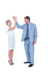 businessman and businesswoman greeting each other 