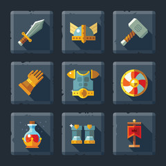 Cartoon vector flat relief game icon set on stone. Armor and equipment