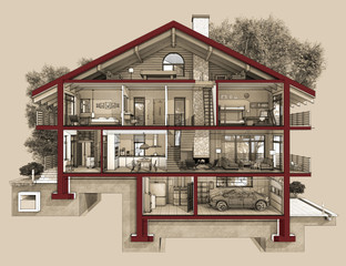 3d section of a country house - obrazy, fototapety, plakaty
