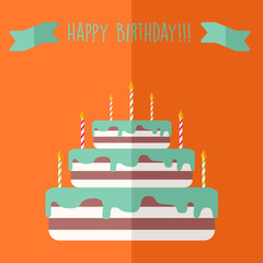 Vector happy birthday card, flat colorful design, cake with candles and flags