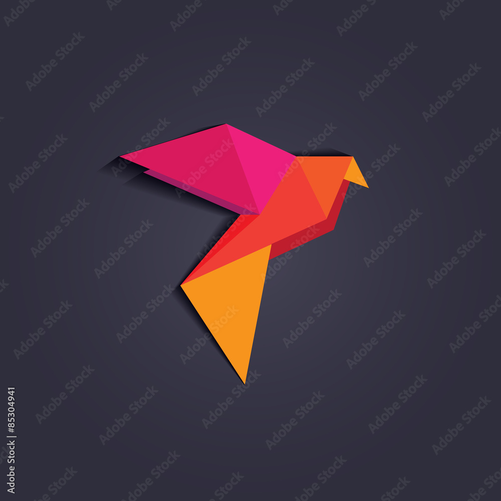 Sticker multicolored geometric triangular style origami bird logo element for business visual identity