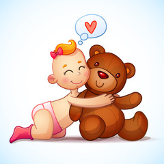 Baby girl redhead hugs Teddy Bear toy on a white background. Teddy plush toy. Little girl lovingly looking at the bear