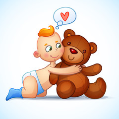 Baby boy redhead hugs Teddy Bear toy on a white background. Teddy plush toy. Little boy lovingly looking at the bear