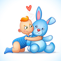 Baby boy redhead hugs bunny toy on a white background. Easter bu