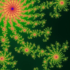Green and orange fractal ornaments in dark green background. Computer generated graphics.
