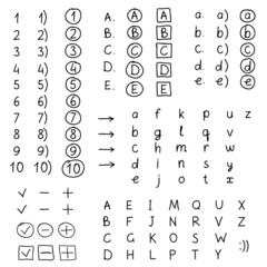 Set of hand drawing numbers and letters.