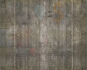 Business concepts doodles on old brown wooden wall