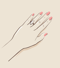 Woman hand wearing a wedding ring drawing. Illustration