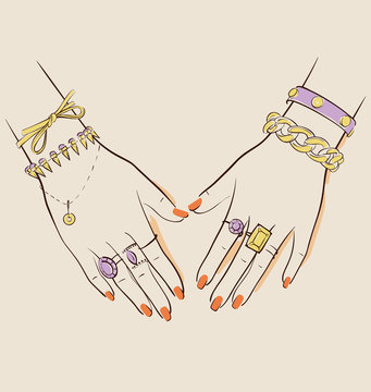 hands wearing jewelry, gold, purple, beige clip art preview