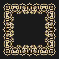 Outline style gold background. Square ornamental frame with curls on black.