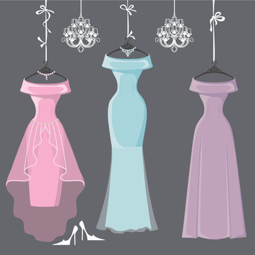 Three Long Bridesmaid Dresses Hang On Ribbons