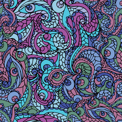 Abstract swirl ethnic seamless pattern.Cool colors