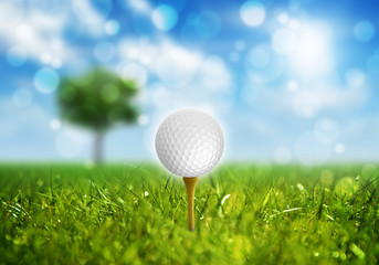 Golf ball on pin stand,  grass with shiny sky and clouds ready to play 