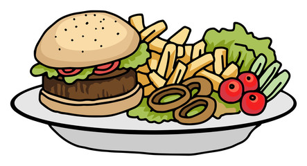 plate of food, burger and chips