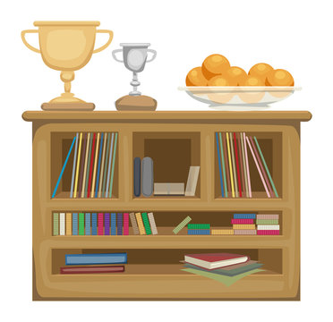Shelf unit, with book, and trophies, fruit on top