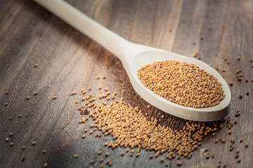 Mustard seeds on wooden spoon