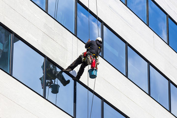industrial climber working on the office building - cleaning the windows