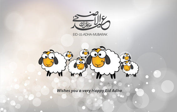 Eid adha Mubarak greeting card with silver background and Arabic calligraphy with comic sheep