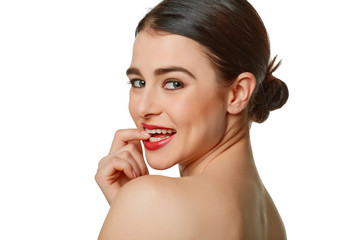 Naklejka premium Beauty portrait of young woman with beautiful healthy face, stud