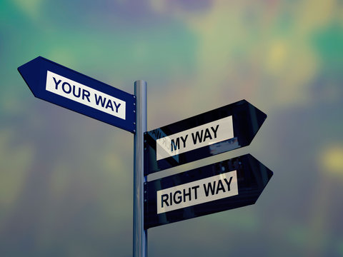 Rossroad signpost saying my way, your way and right way