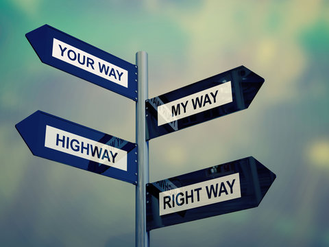 Crossroad signpost saying my way, your way, highway and right way