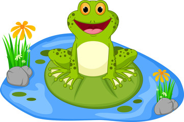 Fototapeta premium Happy frog cartoon sitting on a leaf