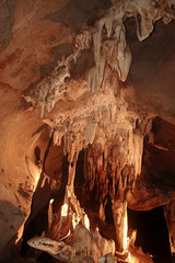 Stalactite rock formations in Lawa Cave. Kanchanaburi province, Thailand 