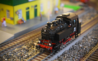 Model of a steam locomotive with smoke