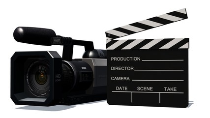 Fototapeta premium clapper board and HD camera isolated on white background