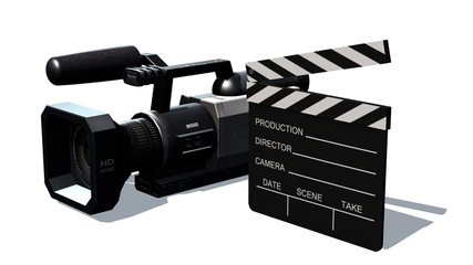 Fototapeta premium clapper board and HD camera isolated on white background