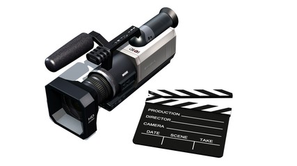 clapper board and HD camera isolated on white background
