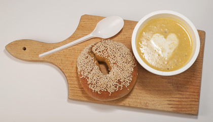 Set of soup and bagel 