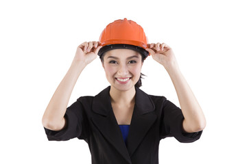 Female engineer touching safty helmet on a white background