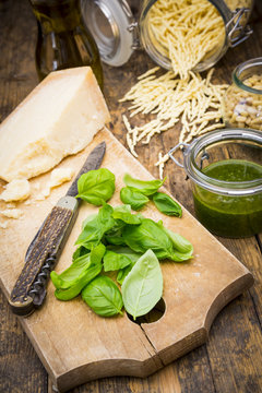 Pesto alla Genovese, Basil, parmesan, pine nuts, olive oil and raw trofie noodles