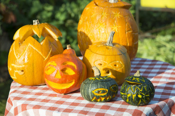 Pumpkins for holiday Halloween on garden table