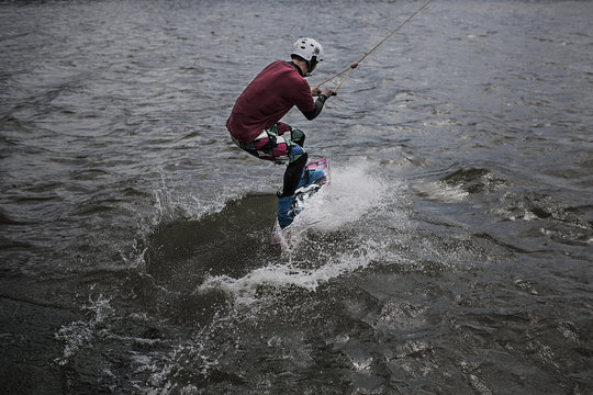 Germany, Garbsen, wakeboarder at Blue Lake